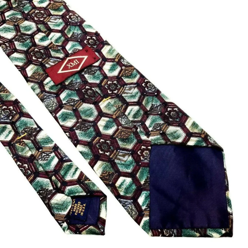 XMI Silk Tie‎ Maroon Green Geometric Short Wide